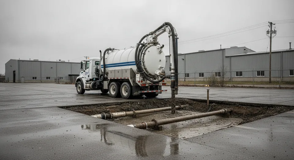 A hydrovac truck exposing buried process piping in a paved industrial yard in Cambridge, Ontario